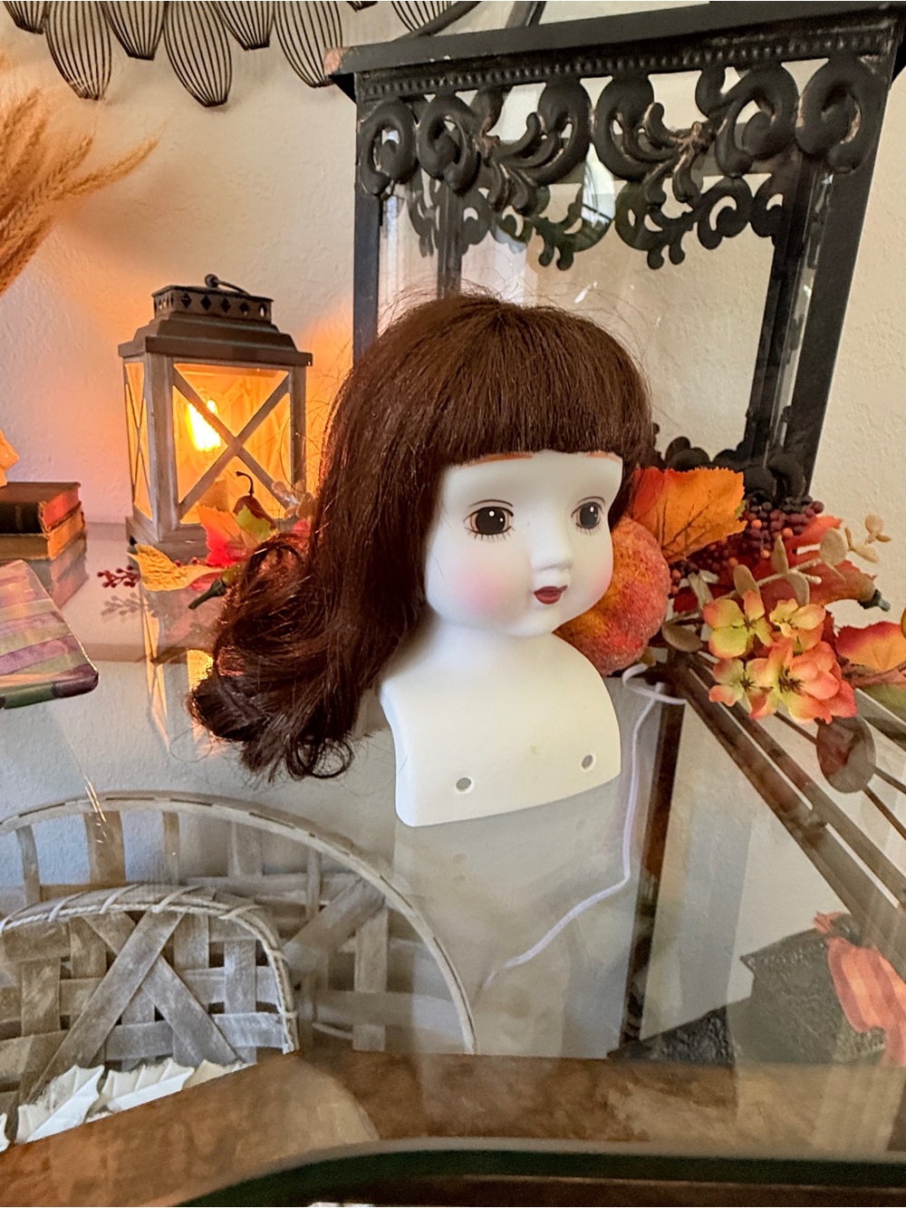 Vintage Porcelain Doll Head Display with Brown Hair-for Crafting - Picture 13 of 13